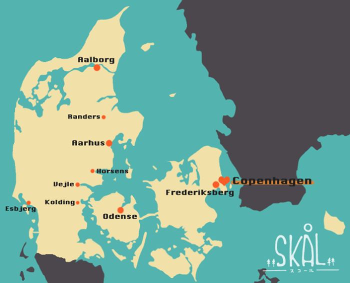 デンマークの人口上位10都市の場所がわかる地図
